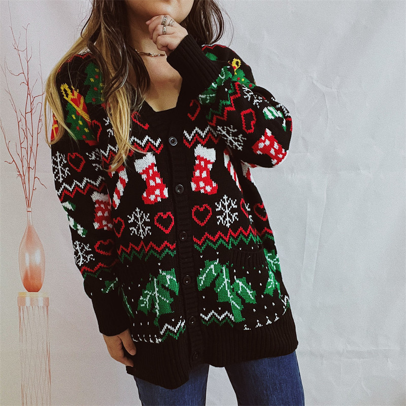 2025 Cross-Border Amazon Autumn and Winter New New Year Sweater Single-Breasted V Neck Christmas Theme Knitted Sweater Cardigan
