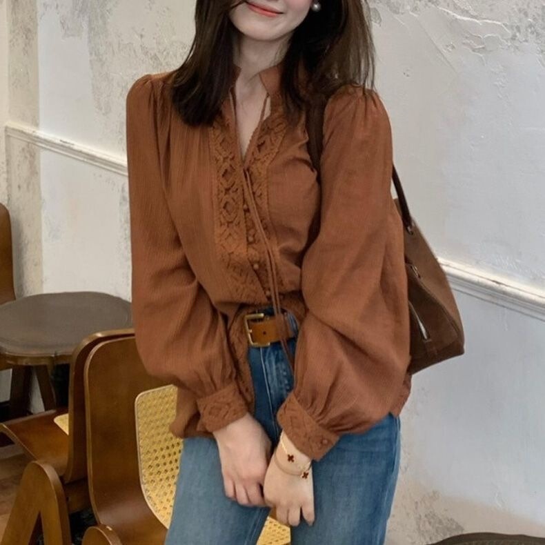 Caramel Brown Patchwork Lace Long Sleeve Shirt for Women 2026 Spring Korean Style French Top for Women Caramel Brown Patchwork Lace Long Sleeve Shirt for Women 2026 Spring Korean Style French Top for Women