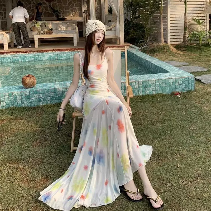 法式气质水彩吊带网纱连衣裙女2025夏季高级感三亚海边度假风长裙