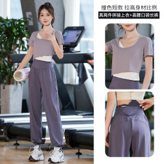速干高弹运动套装女夏季新款显瘦短袖马卡龙绝美瑜伽服跑步大码装