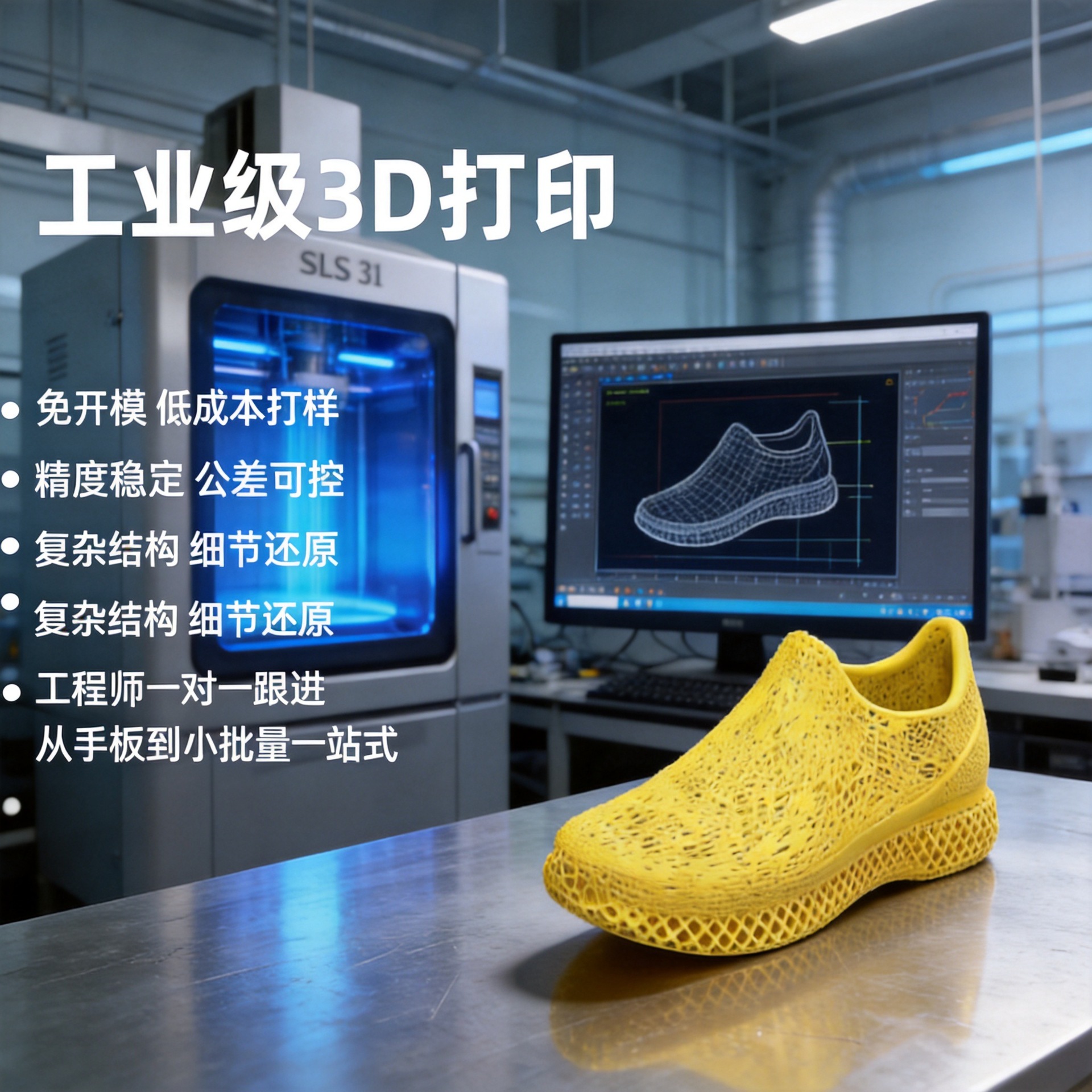 High-precision nylon SLS 3D printed cushioning integrated shoe mold prototype, sample production based on provided drawings