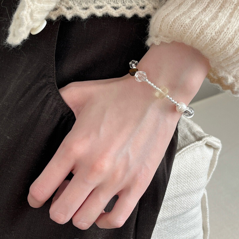 Foggy Tea Crystal Natural Stone Imitation Crystal Bracelet Korean Style Freshwater Pearl Bracelet Stackable Bracelet with Adjustable Elastic Cord