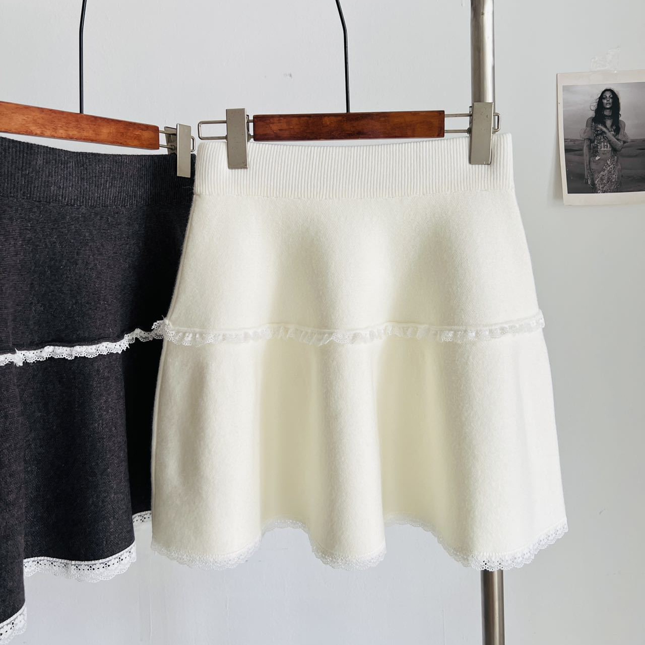 여성을위한 한국 레이스 컬러 블록 니트 스커트 가을