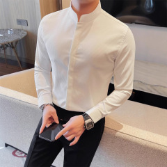 立襟シャツ男性長袖2025新中国式国風メンズ高級感中山服白シャツ男性モデル