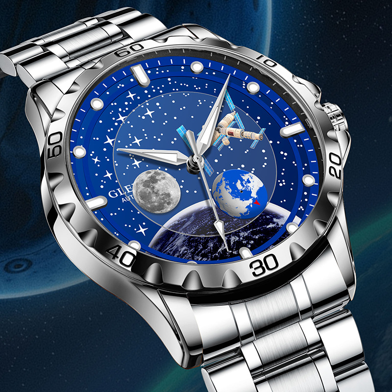 Đồng hồ nam automatic lộ máy dây thép cao cấp — Dây thép vàng Intershell, Dải thép bạc vỏ bạc