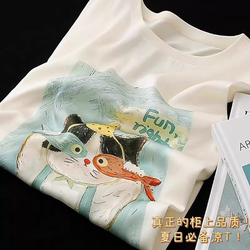 It Feels Great on the Body! Silk and Cotton Patchwork Cartoon Print Short-Sleeved T-Shirt for Women, Summer Round Neck Straight-Cut Comfortable Top It Feels Great on the Body! Silk and Cotton Patchwork Cartoon Print Short-Sleeved T-Shirt for Women, Summer Round Neck Straight-Cut Comfortable Top