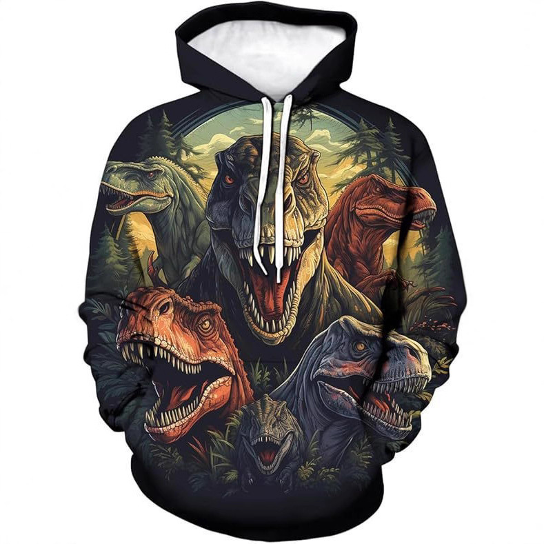 Men's Psychedelic Dinosaur Pattern Hoodie Colorful Animal Big Pocket Long Sleeve Pullover, Small, Black