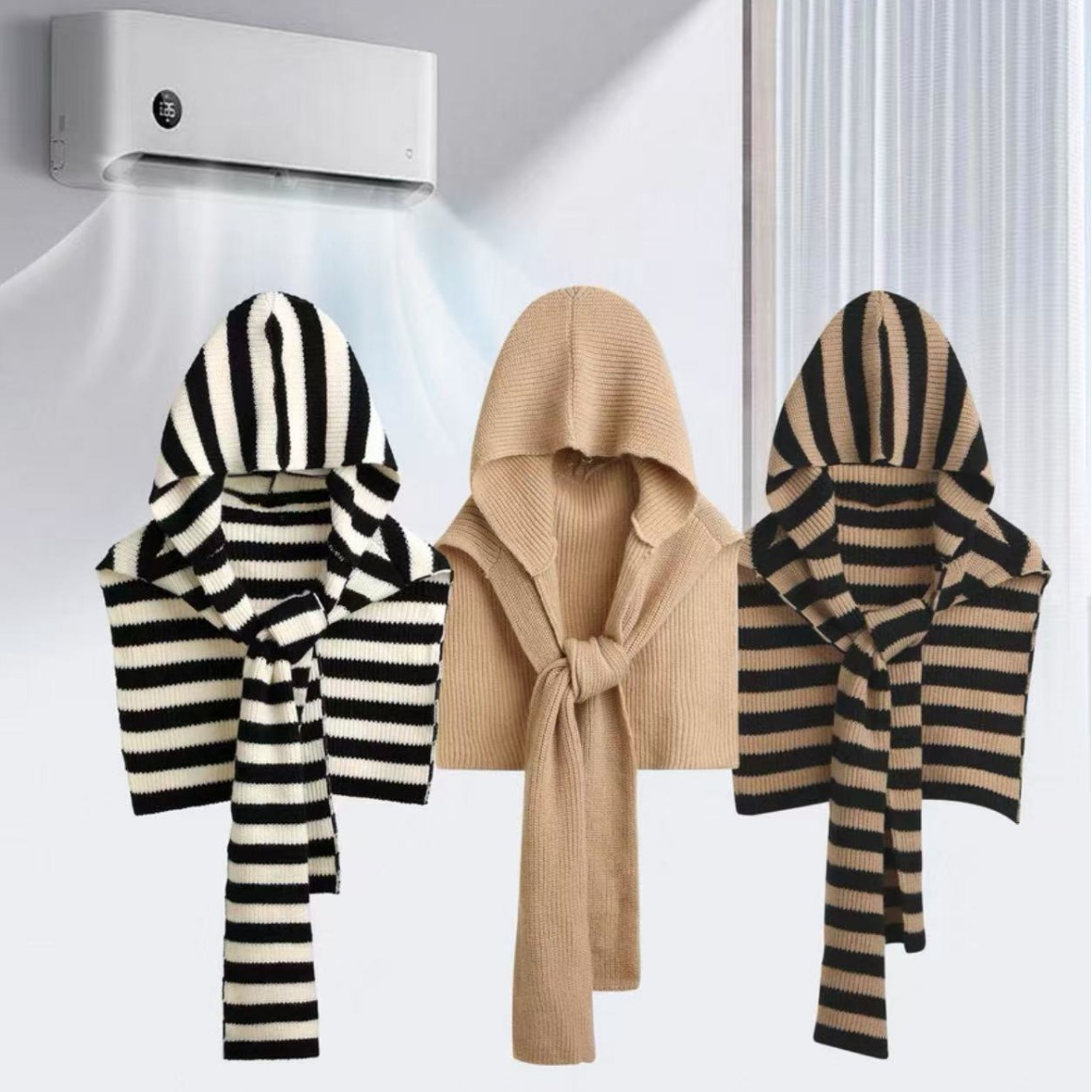 重磅毛线设计感时髦针织连帽披肩女秋冬保暖百搭帽子围脖外搭坎肩