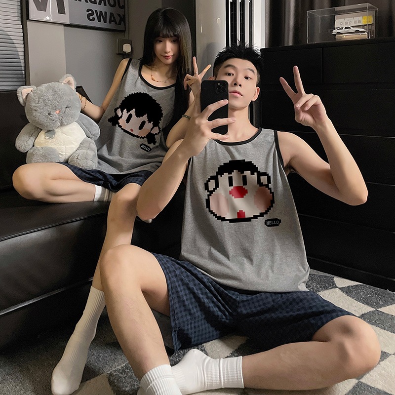 6535棉 夏季情侣睡衣背心女无袖卡通男士外穿家居服套