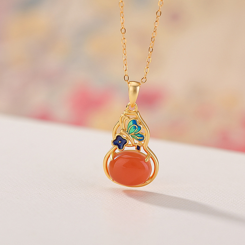 Mặt dây chuyền bạc S925 mạ vàng hình bướm hồ lô đính mã não đỏ và hổ phách — Hồng nước (không kèm dây)