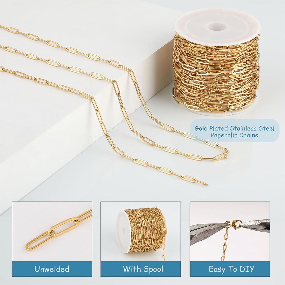 Cadena cruzada redonda de acero inoxidable de 18k Chapada al vacío de 3 * 9mm 4 * 12mm cadena artesanal DIY de 5 metros por rollo de joyería
