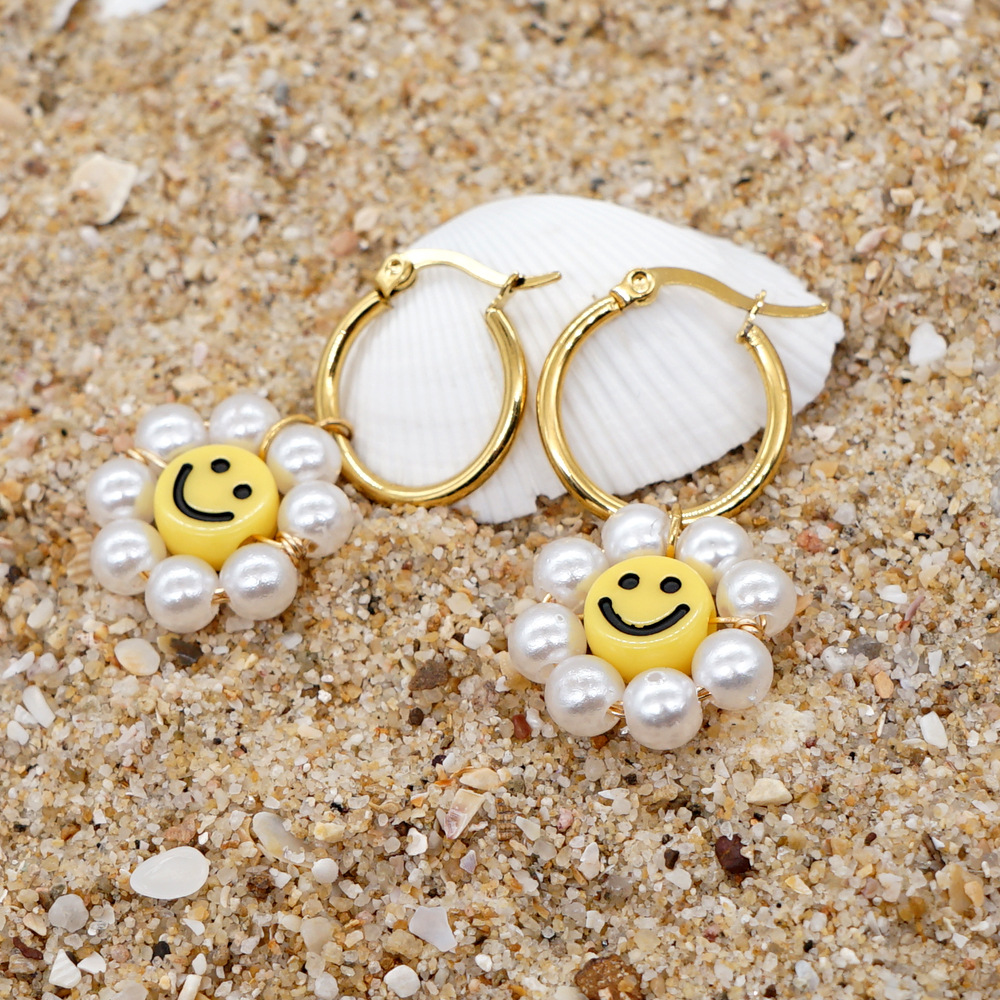 Bohemian Smiley Face Beaded Pearl Earrings display picture 3