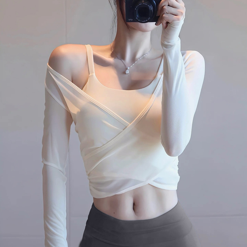 Long-Sleeved Two-Piece Set with Chest Pads and Suspenders for Women, Yoga Waist and Hip Lift, Fashionable, Simple and Slimming Pilates Fitness Suit