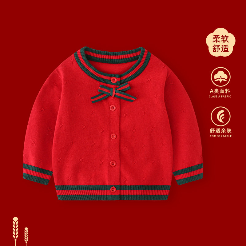 女宝宝红色毛衣针织衫开衫冬季加绒加厚女童婴儿新年过年拜年衣服