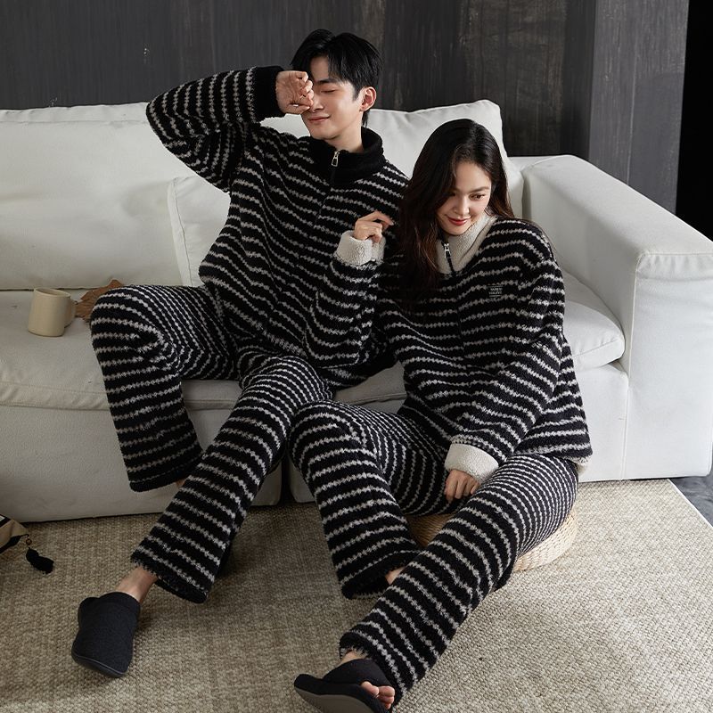 Autumn and Winter Couple Pajamas Coral Velvet Suit Spliced ​​Zipper Stand Collar Black Bottom Strip Outer Wear Fashionable Warm Home Clothes