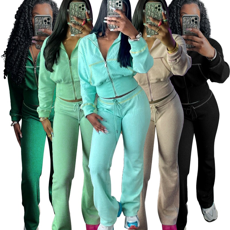 Hr24065 European and American Casual Women's Clothing Cross-Border Amazon Best-Selling Waffle Waist Long-Sleeved Suit