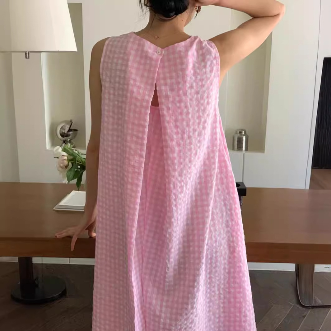 韩国chic夏季小众设计款后镂空甜美褶皱格纹镂空背心无袖连衣裙女