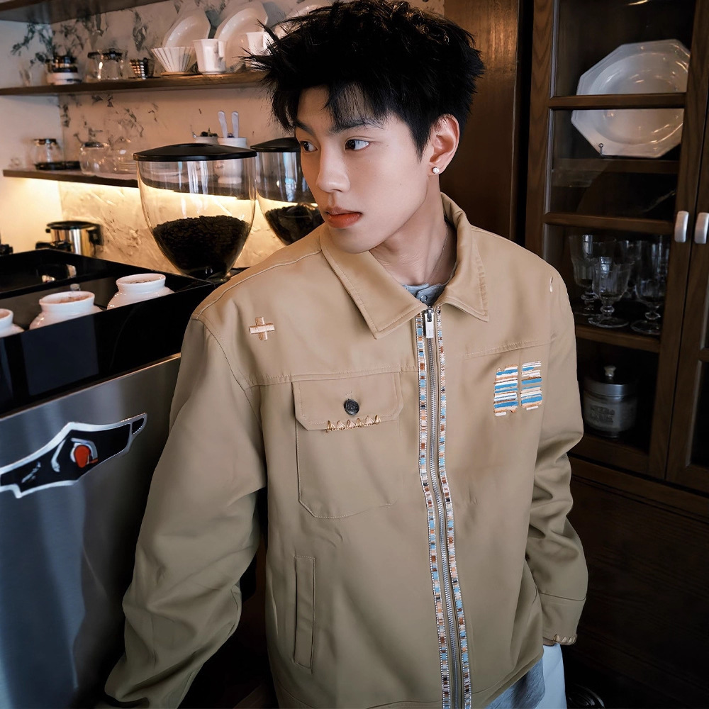 卡其色cleanfit短款工装外套男秋季美式复古底特律夹克翻领棒球服