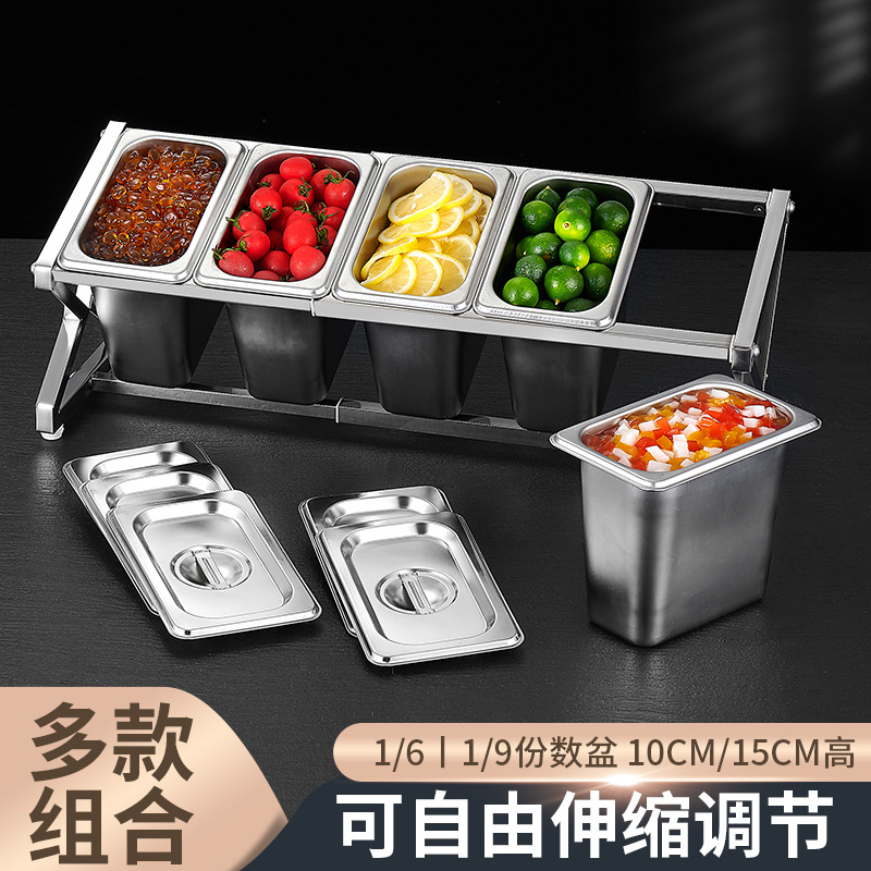 1/9 de acero inoxidable que sirve olla rack traje leche té material mermelada telescópica rack sirviendo caja compartimiento comercial condimento caja