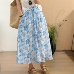 新品 纯苎麻印花口袋半身裙气质宽松女中长款系带裙子