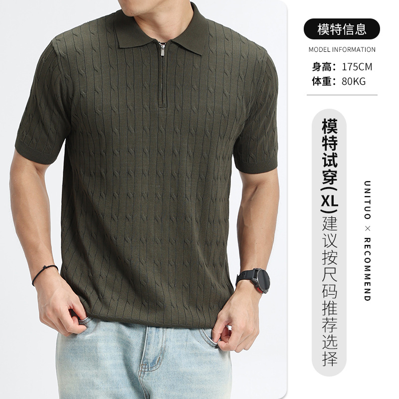 Polo de hielo transfronterizo camiseta de punto de manga corta para hombres Casual medio abierto zip Jacquard camiseta para hombres