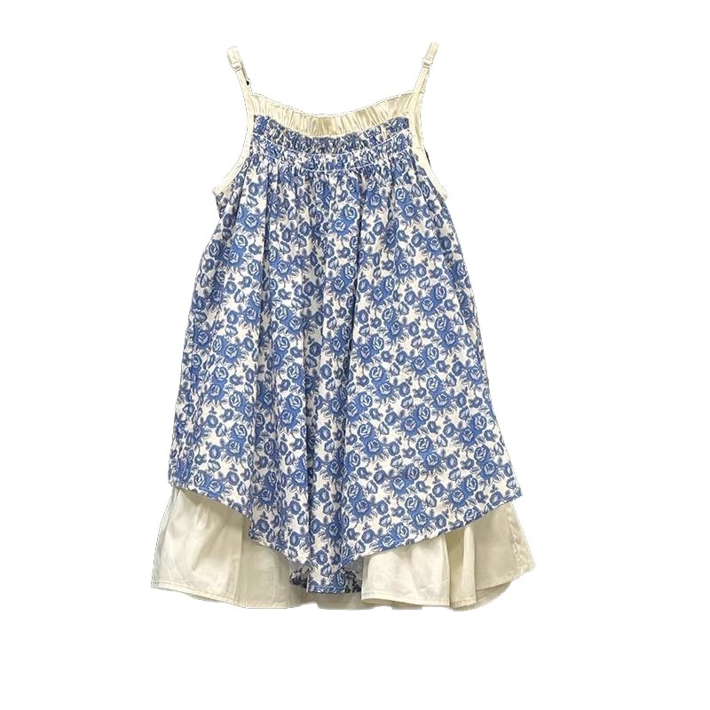 Vestido de verano para niñas 2025 nuevo estilo falda de moda para niños estilo occidental tirantes florales falso chaleco falda de playa
