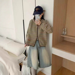 连帽拉链针织开衫女秋冬新款韩系宽松慵懒风复古条纹休闲毛衣外套