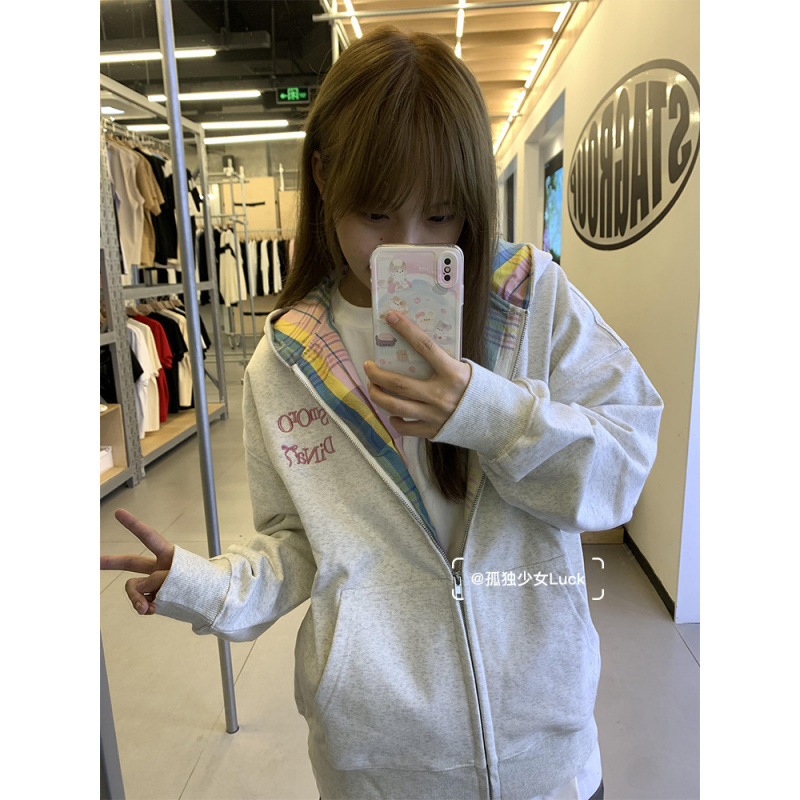 다 입어라 레인보우 플레이드 가디건 후드 스웨터 여성 INS 기모 한국식 재킷