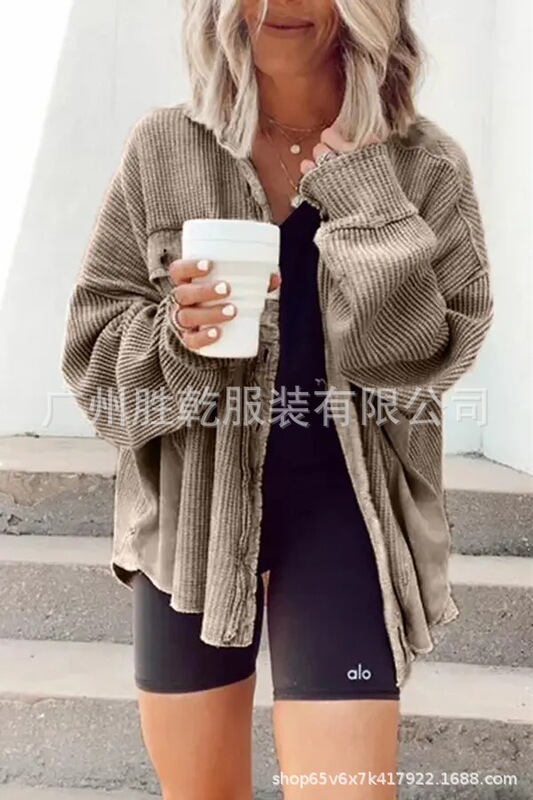 2025欧美跨境外贸秋冬拼接针织开衫外套女时尚休闲小立领口袋华夫|undefined