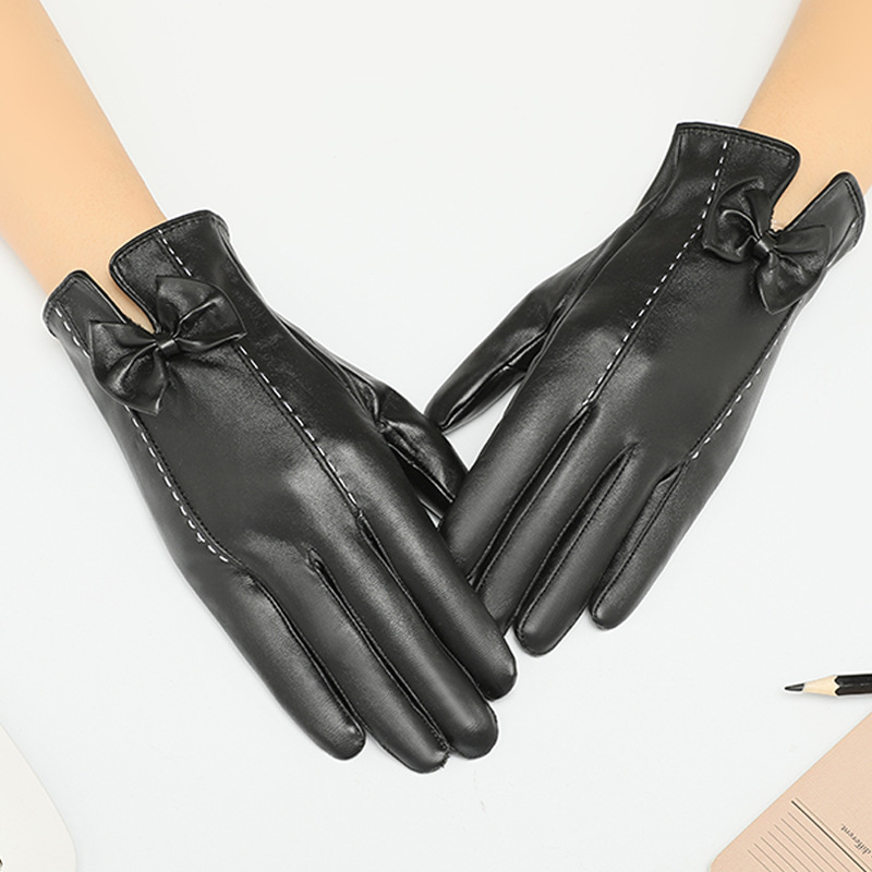 Autumn and Winter Leather Gloves Women's Thin Touch Screen Driving and Riding Motorcycle Gloves Pu Leather Plus Velvet Hand Repair Model_voghion.com