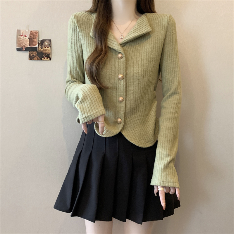 半开V领长袖针织开衫女春秋大码胖mm高级感气质打底上衣短款毛衣