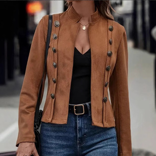 2025 European and American Cross-Border Pure Color Double-Breasted Decorative Jacket New Deerskin Velvet Retro Long-Sleeved Jacket