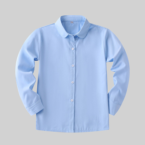 Children's pure white crew neck shirt, boys' lined cotton warm long-sleeved shirt, primary and secondary school campus style clothing item