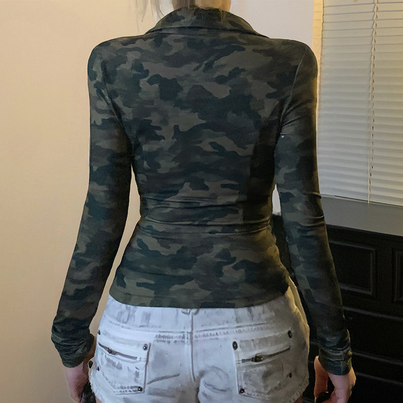 亚马逊迷彩低胸翻领口袋拉链长袖T恤女潮流街头风设计感修身上衣|undefined