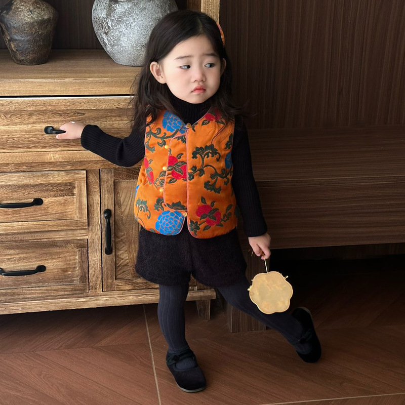 中秋·国庆限定女童汉服马甲秋儿童重工提花圆领背心女孩抓周礼服|undefined