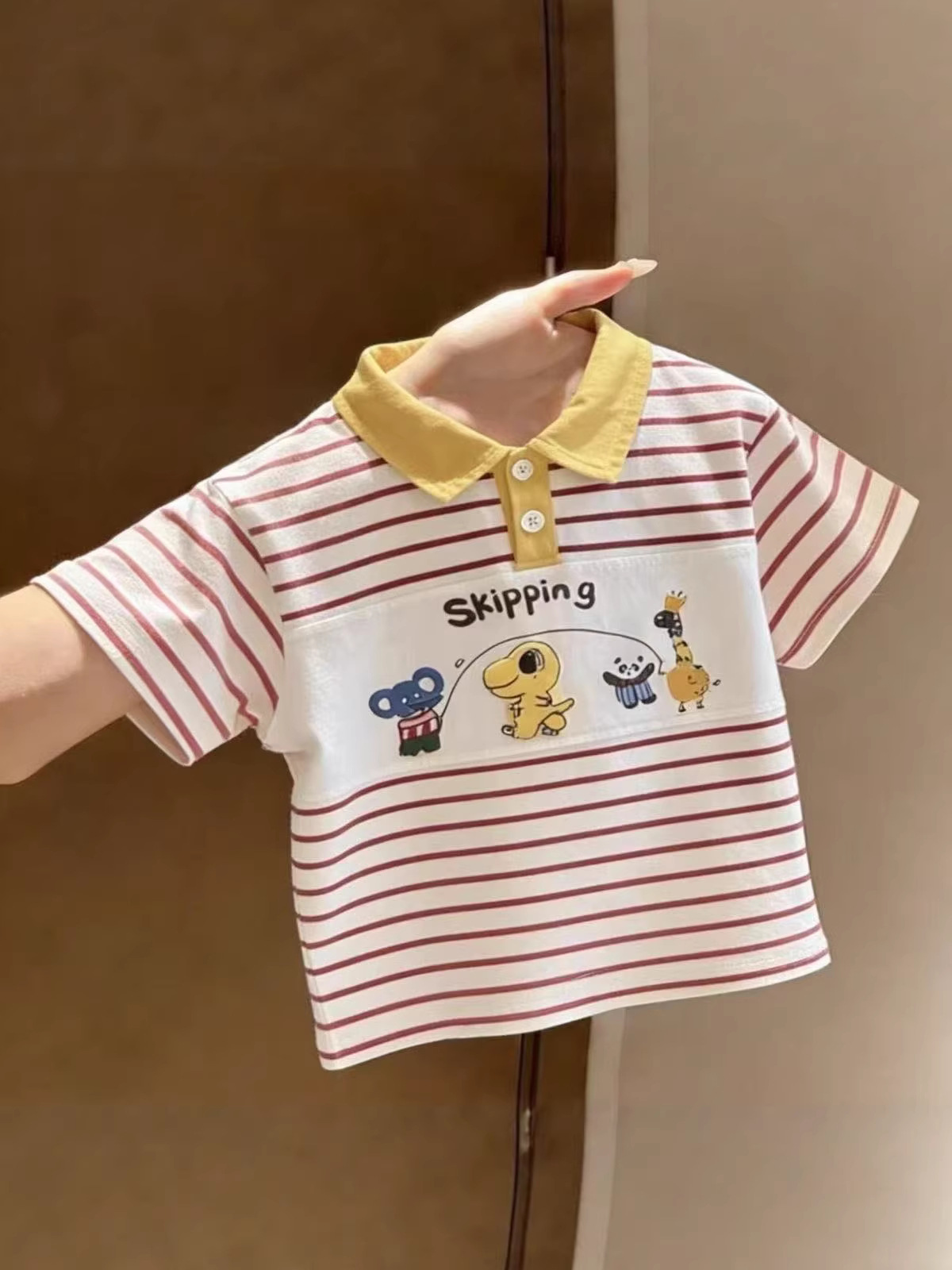 2026 Summer New Pure Cotton Korean Style Striped Polo Shirt T-Shirt for Boys and Girls with Cute Cartoon Patchwork and Turn-Down Collar
