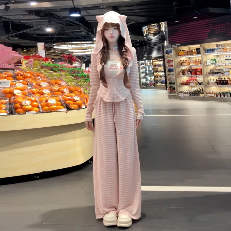 2025新款粉色条纹减龄休闲运动穿搭一整套女早秋季小个子两件套装|undefined