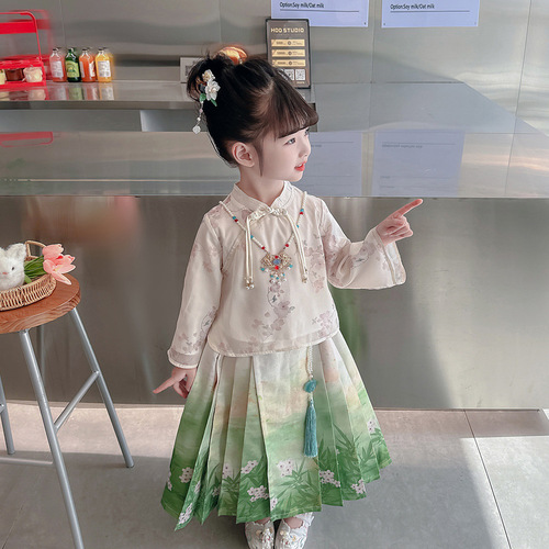 Girls' Spring and Autumn Style Long-Sleeve Ancient Tang Suit Set Original Flowers and Plants Trendy Chinese Style Festival Baby Ancient Costume Hanfu