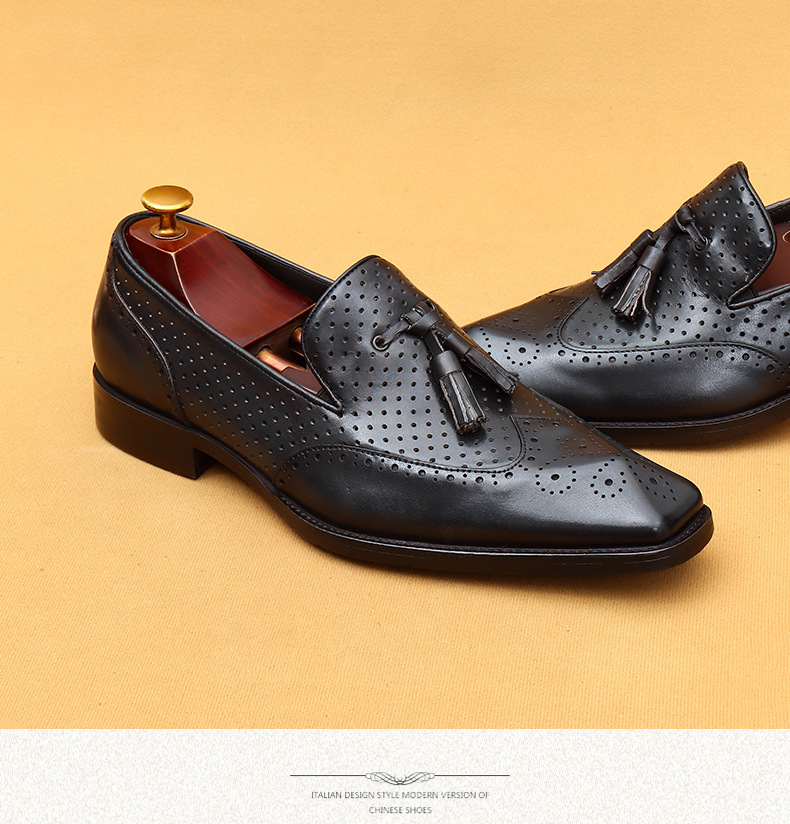 Casual summer leather shoes men's hollow breathable leather business dress shoes_vogvips.com