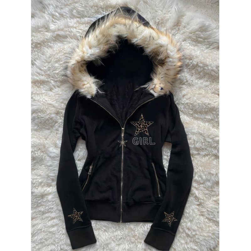 Subcultural American retro autumn and winter women's vintage black leopard print star pattern hooded jacket with fur collar and zipper, waist-cinching