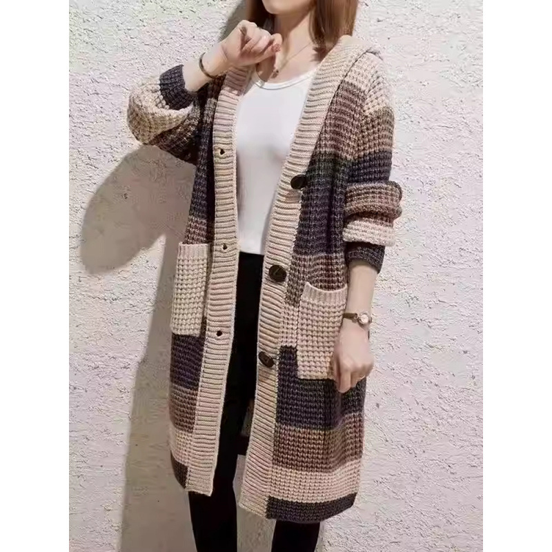 慵懒风宽松粗毛线中长款连帽粗针针织开衫女2025秋冬新款毛衣外套