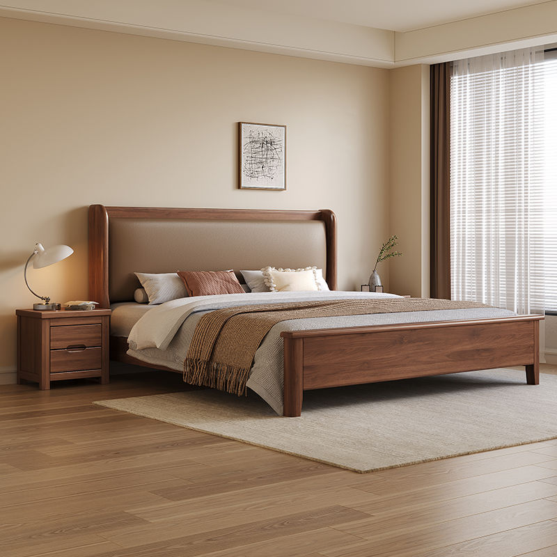 Solid Walnut Wood Bed Master Bedroom Large Bed Double 1.8X 2m Modern Simple 1.5m Soft Headboard Wedding Bed