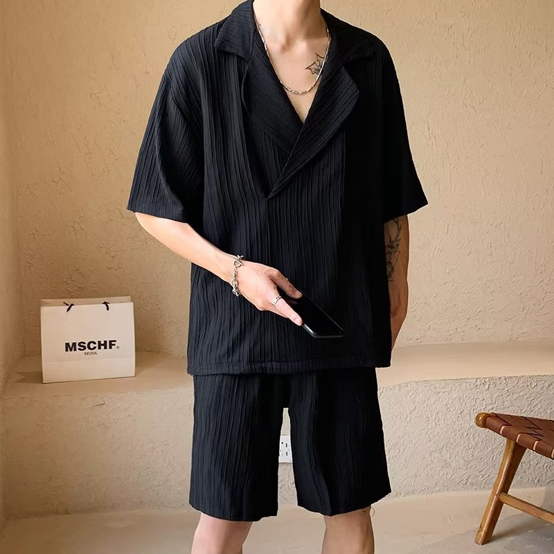 Traje japonés de verano, camisa de manga corta plisada, pantalones cortos casuales sueltos para hombres, traje de pareja de todo fósforo coreano