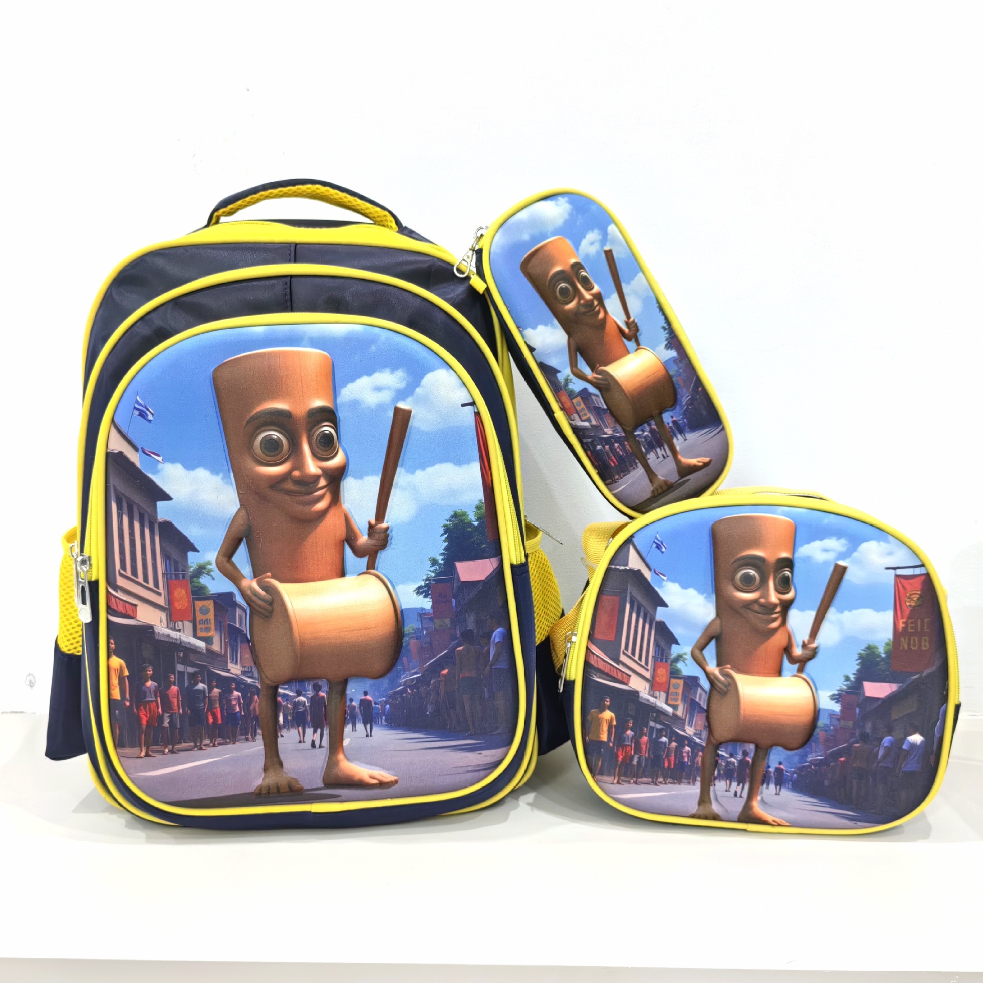 Comercio exterior al por mayor 3D Escuela Primaria estudiante mochila 3-piece set niños dibujos animados mochila lápiz bolsa de almuerzo para grado 1-6