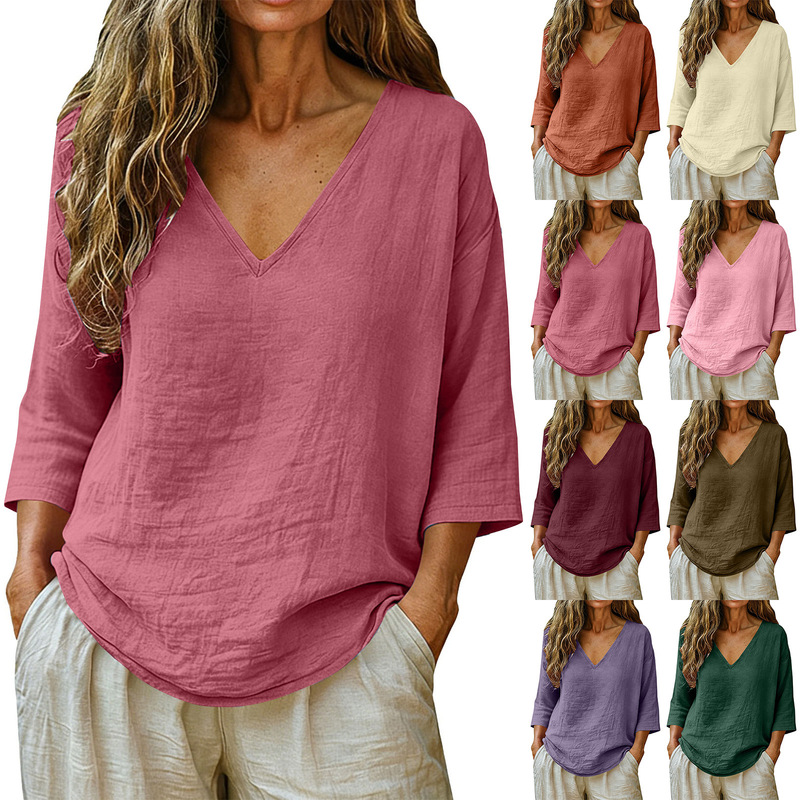 Cross-Border European and American 2026 Amazon Spring and Summer New Women's Casual Loose Fashion Cotton and Linen V-Neck Long-Sleeve Top