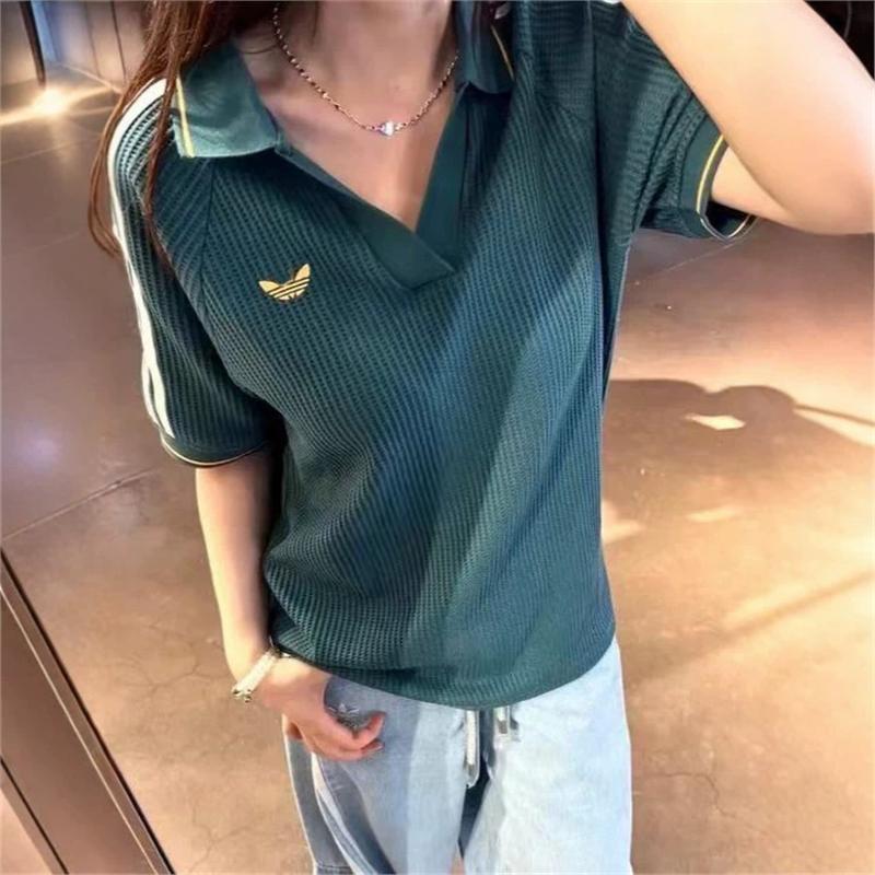 Three-Leaf Clover Polo Embroidered Logo Knit Waffle Summer Short-Sleeve Couple Matching T-Shirt Adidas Short-Sleeve