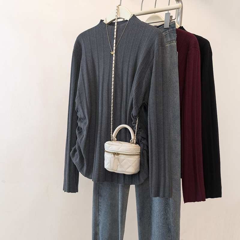 하프 터틀넥 퍼플 스웨터 숄더 긴소매 여성용 가을과 겨울 플러스 사이즈 통통녀 내베이스 셔츠 기질 탑