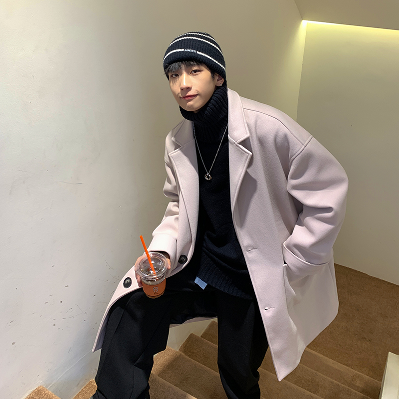 Otoño e invierno Nuevo abrigo de lana de los hombres de moda suelta de media longitud gabardina coreana casual de color caqui abrigo de lana de moda