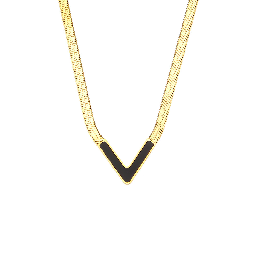 Fashion V-Shaped White Shell Malachite Flat Snake 18K Gold Stainless Steel Necklace