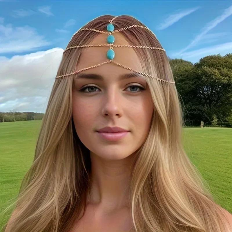Retro Bohemian Tassel Forehead Chain Headband Exotic Ethnic Ancient Style Headband Photo Hanfu Western Accessories for Women